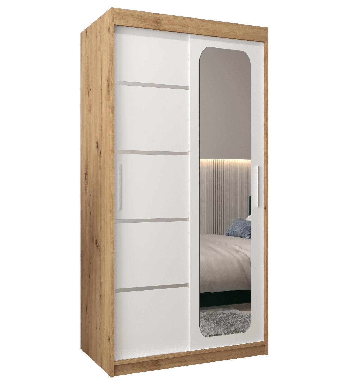 Abiks Möbel Schwebetürenschrank Eiche Artisan, Weiß 100x200x62 cm