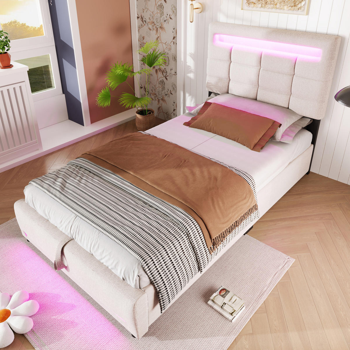 ČALÚNENÁ posteľ z ľanu a MDF 90x200 cm béžová s APP ovládaním, LED osvetlením, USB a hydraulickým úložným priestorom - béžová, textil (90/200cm) - Modfu