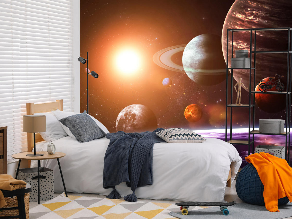 FOTOTAPETE für Büro Sonnensystem Planeten Blick Sterne 350x256 - Gelb/Violett, Papier (350/256cm) - Muralo