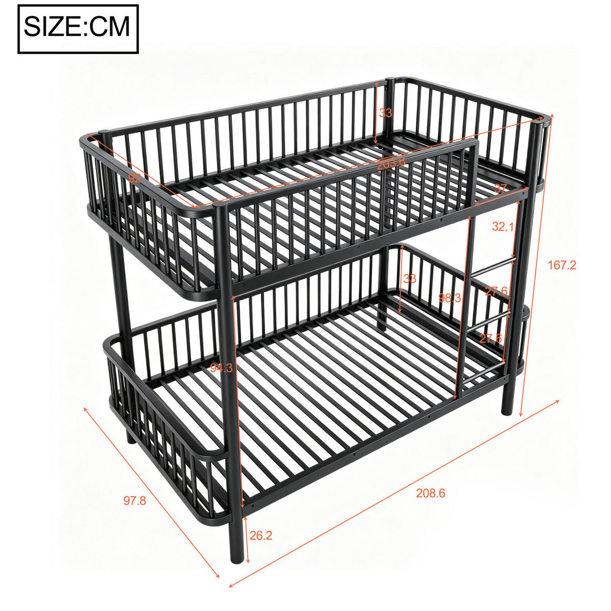ETAGENBETT aus Metall 90x200 cm Schwarz mit Sicherheitsgeländern - Schwarz, Metall (90/200cm) - Modfu