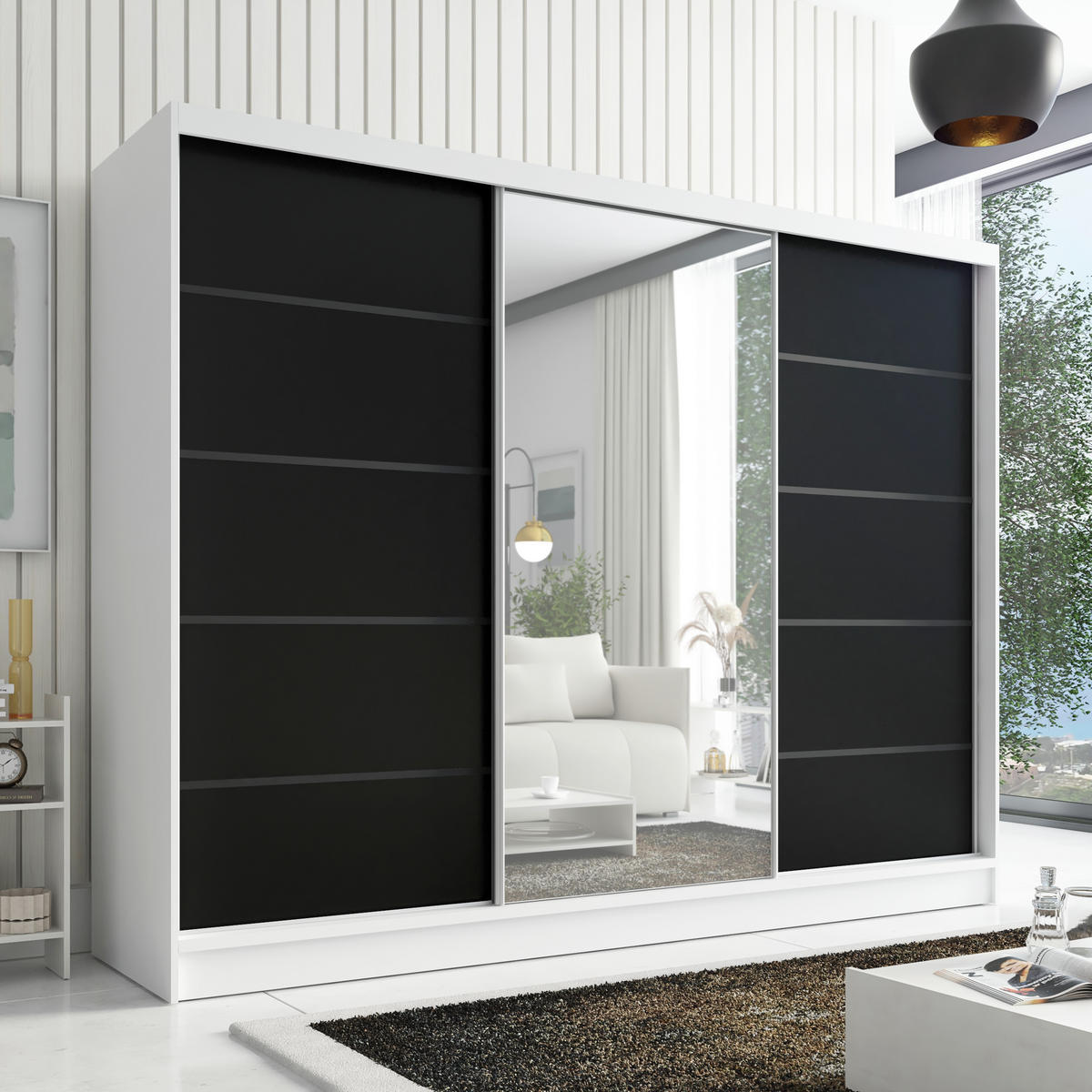 SCHWEBETÜRENSCHRANK 200 cm AURELIA 2 Farbe: Weiß, Schwarz - Schwarz/Weiß, Holzwerkstoff (200/215/60cm) - A&J MöbelLand