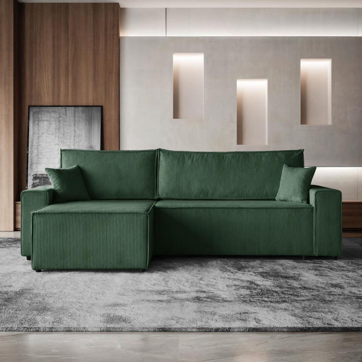 ECKSCHLAFSOFA mit Schlaffunktion Hektor dunkelgrün - Dunkelgrün/Schwarz, Kunststoff/Textil (277/152cm) - Beautysofa