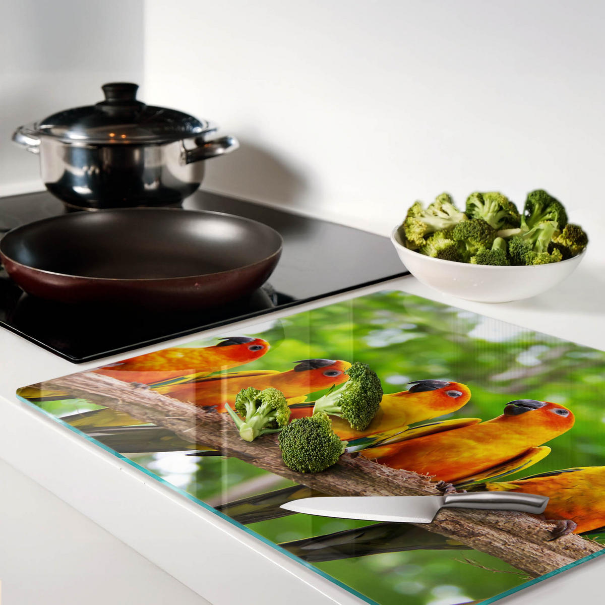 GLASPLATTE 60x52 cm Ein Zweig der Papageien - Orange, Glas (60/0.4cm) - TULUP