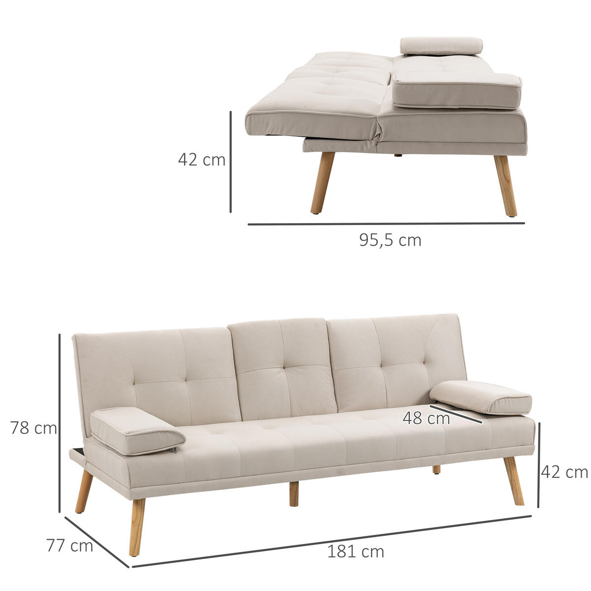 SCHLAFSOFA Sofabett Schlafcouch 3 Sitzer Leinen Beige - Beige/Naturfarben, Holz/Textil (77/78/181cm) - HOMCOM