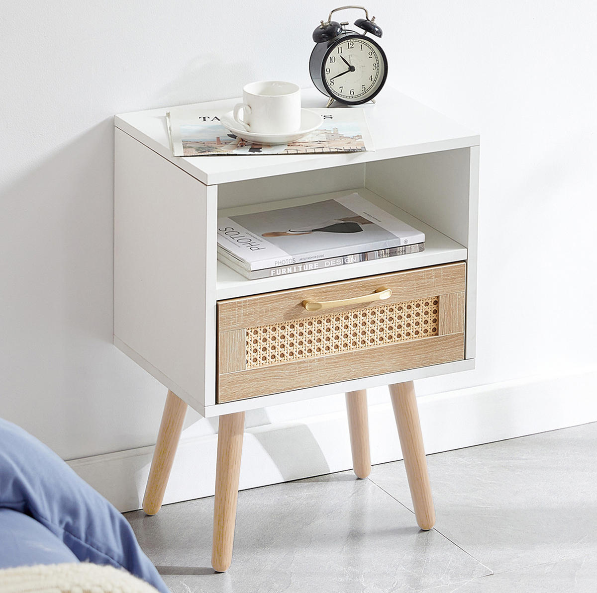 NACHTTISCH 40/30/55 cm in Weiß/Natur mit Schublade & Rattanfront - Hellbraun, Holzwerkstoff (30/55/40cm) - BEAOK