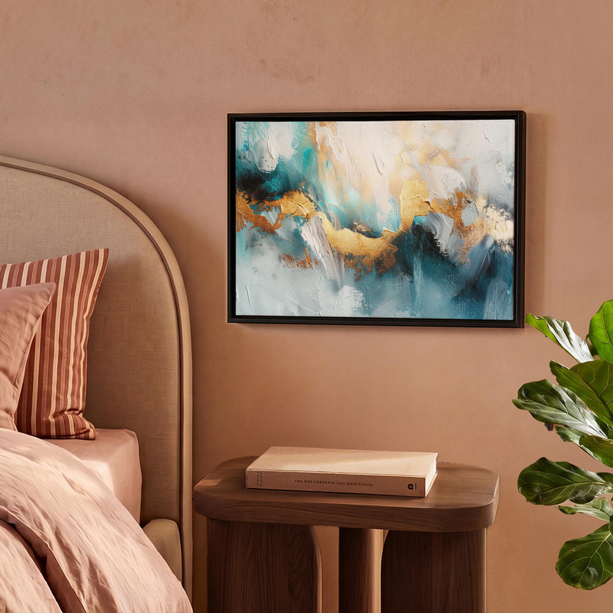 LEINWAND Bilder mit Rahmen - Abstrakt - Kunst - Gold - Blau - 40x30 - Petrol, Textil (40/30cm) - MuchoWow