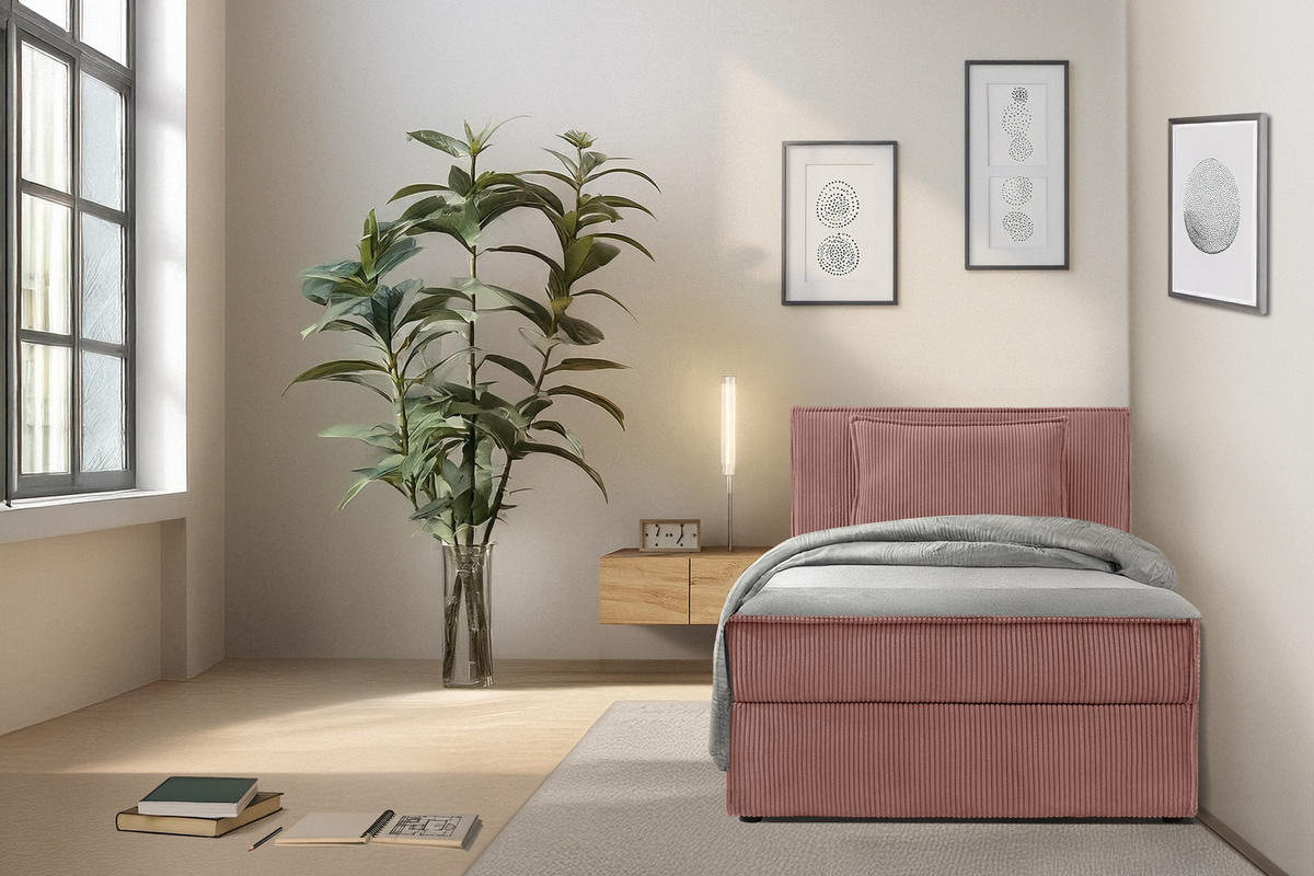 BOXSPRINGBETT ROTI Einzelbett, rosa - Schwarz/Rosa, Holz/Holzwerkstoff (90/200cm) - KONSIMO®