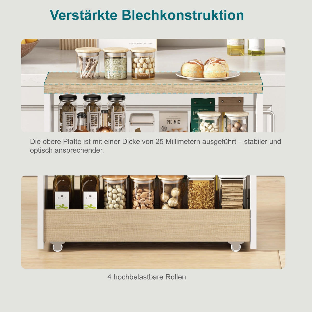 KÜCHENSCHRANK16 CM SCHMAL Küchenwagen auf Rollen, 55/16/85 cm, MDF, Weiß mit Holzoptik, MIT 4 VERSTELLBAREN REGALBÖDEN, für Küche und Bad - Weiß, Holzwerkstoff (16/85/55cm) - Rolipo