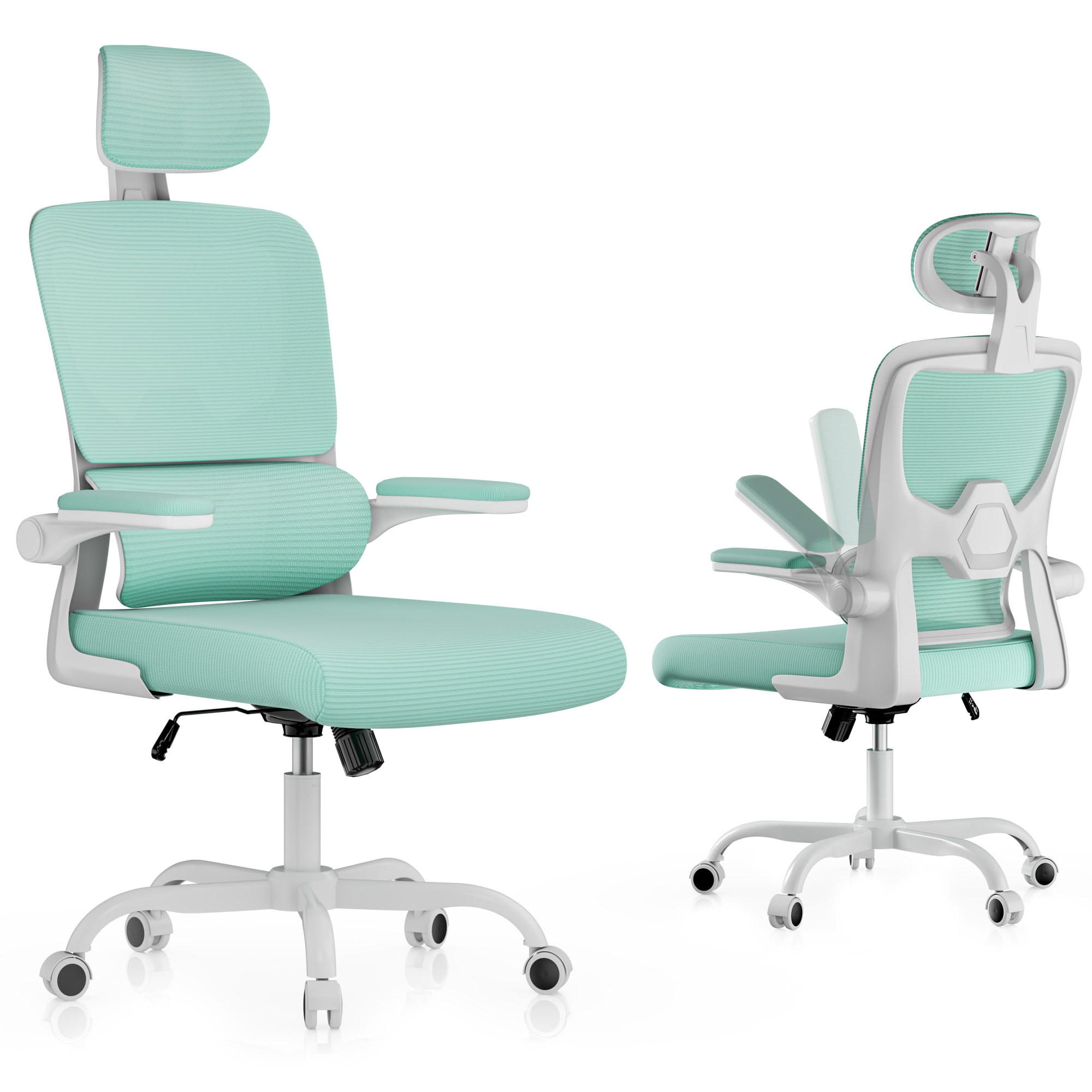 BÜROSTUHL Weiß-Grün ergonomisch mit klappbaren Armlehnen - Grün, Metall (25/52.5/65cm) - Rattrix