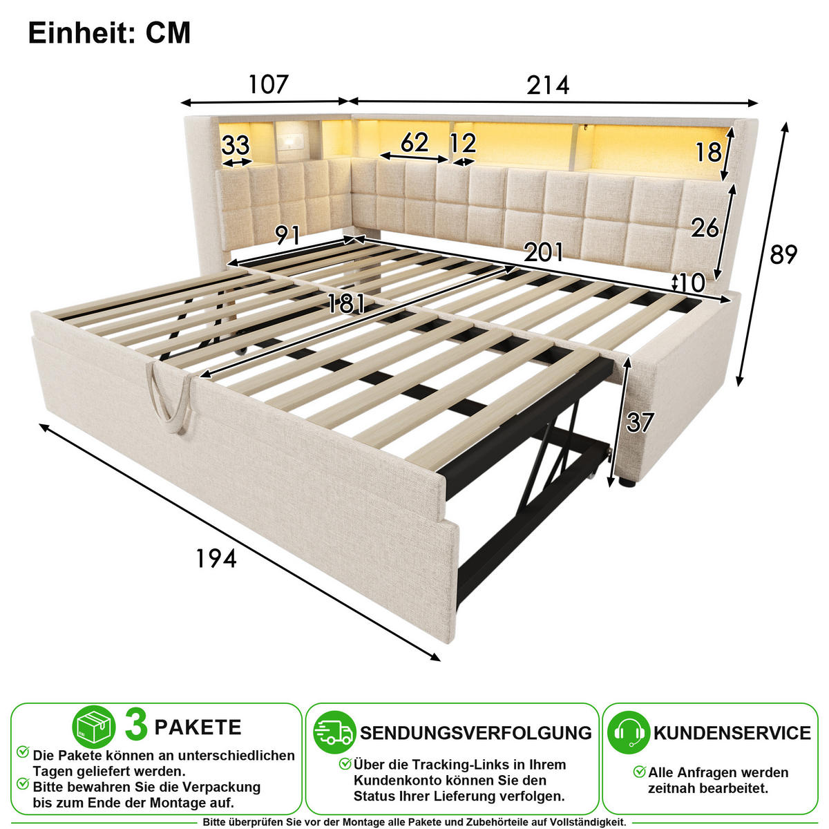 SCHLAFSOFA 90/200 cm & 90/190 cm in Beige Leinen mit Ausziehbett, LED und USB/Type-C - Beige, Holzwerkstoff/Textil (90/200cm) - CHICFURN