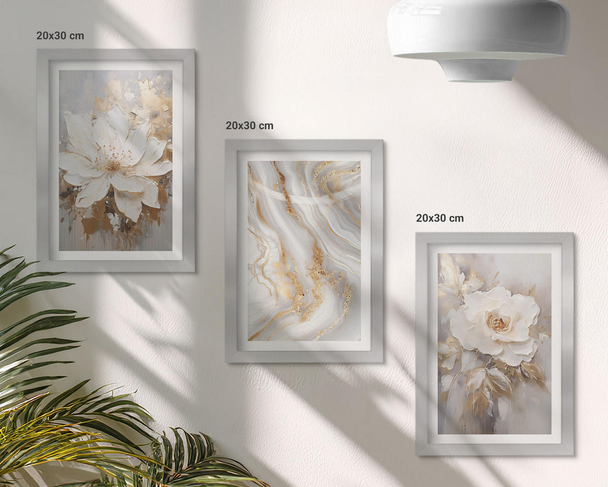 BILDER SET 3er Set - 20x30 cm Silberner Rahmen - Abstrakte Blumen aus Marmor - Silberfarben, Kunststoff (20/30cm) - TULUP