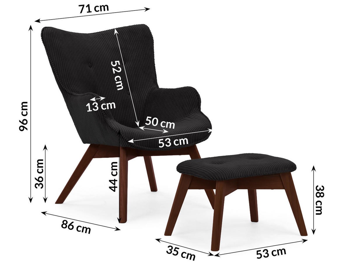 LOUNGESESSEL mit Fußhocker Lenari Schwarz Cordstoff mit Füßen in Braun - Schwarz/Braun, Holz/Textil (71/96/86cm) - S-Style Möbel