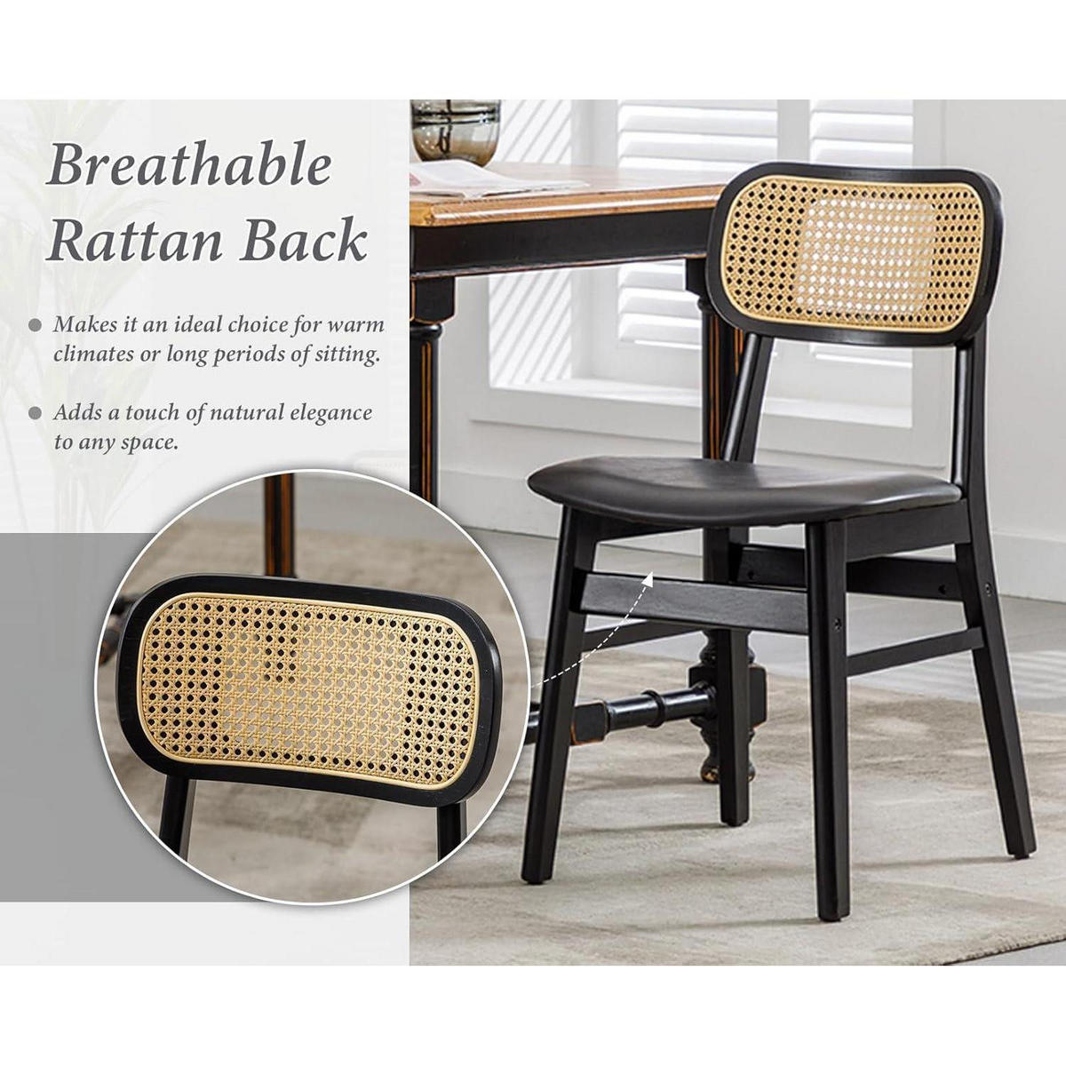 ESSZIMMERSTÜHLE 4er Set PU Leder Rattan Massivholzbeine Schwarz - Schwarz, Kunststoff (47/80/49.5cm)