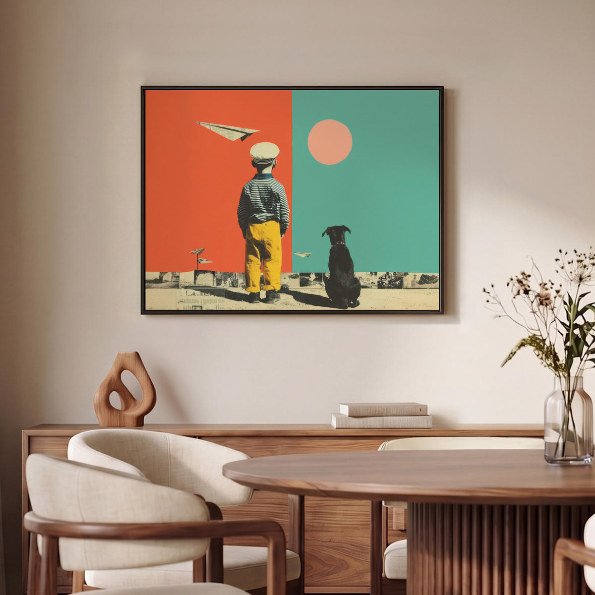 LEINWAND Bilder mit Rahmen - Retro - Junge - Hund - Rot - Grün - 70x50 - Orange, Textil (70/50cm) - MuchoWow