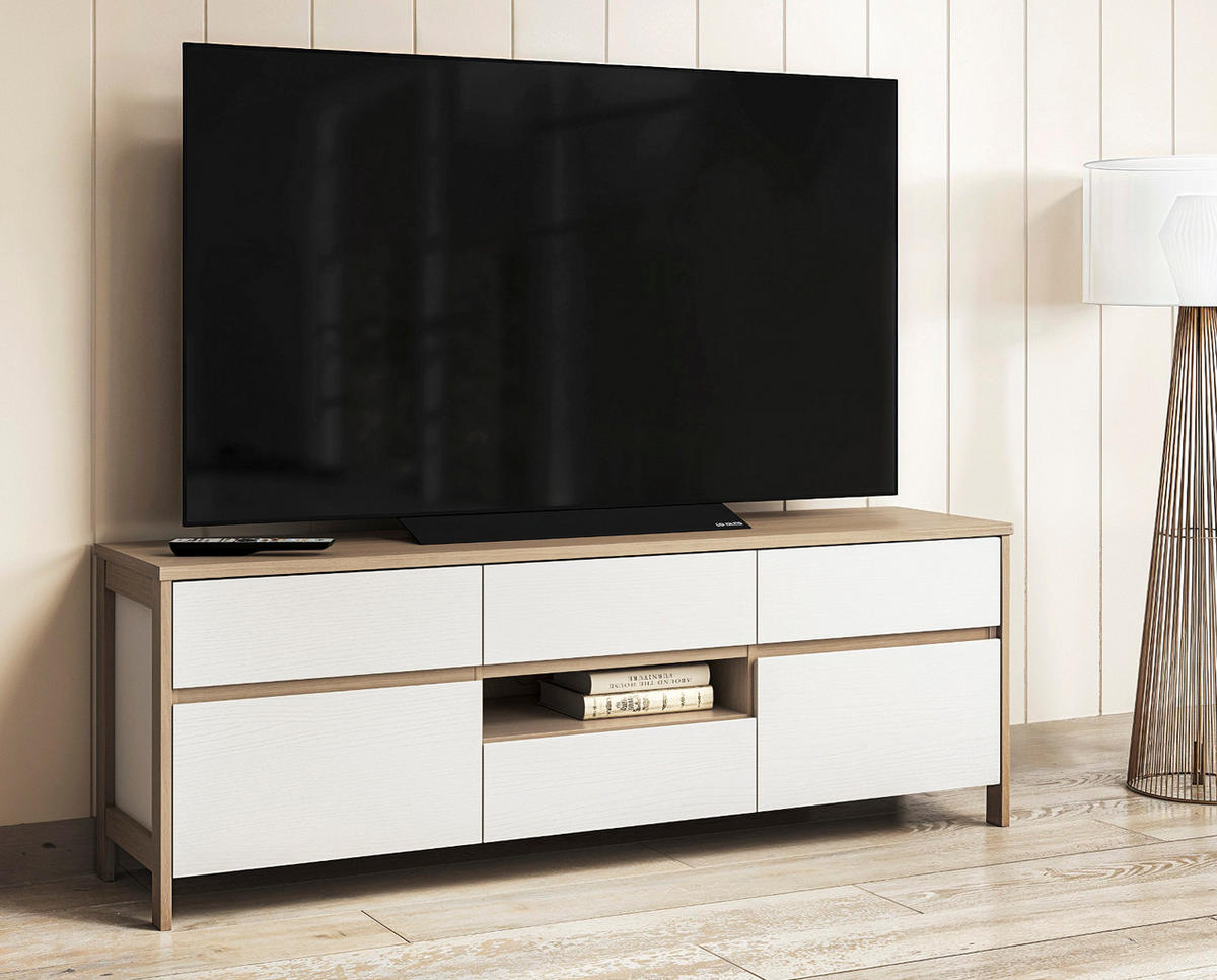 TV-LOWBOARD weiß, Eiche, TV Unterteil skandinavisch 164 cm, Soft-Close, Finnes - Eichefarben/Weiß, Holzwerkstoff/Metall (164/58/39cm) - Furn.Design