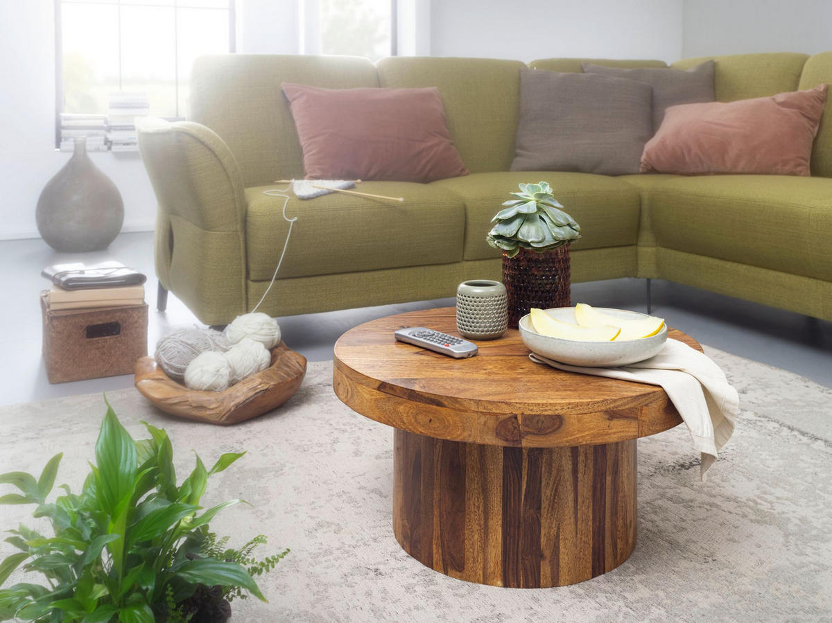 COUCHTISCH aus Massivholz Sheesham in Braun, Lackiert, mit robustem Sockelfuß, Maße 60x60x30 cm - Braun, Holz (60/60/30cm) - KADIMA DESIGN