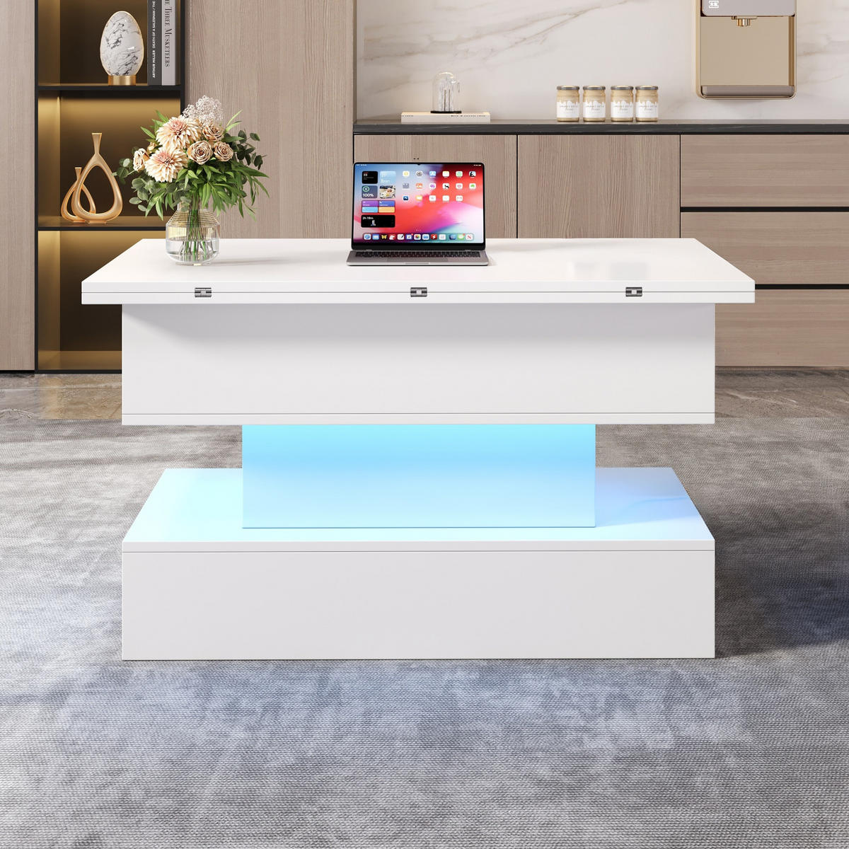 COUCHTISCH 100/50/51.5 cm ausziehbar LED App Steckdose USB C Stauraum Weiß Spanplatte 30 kg modern - Weiß, Holzwerkstoff/Metall (100/50/51cm) - EVRYAE