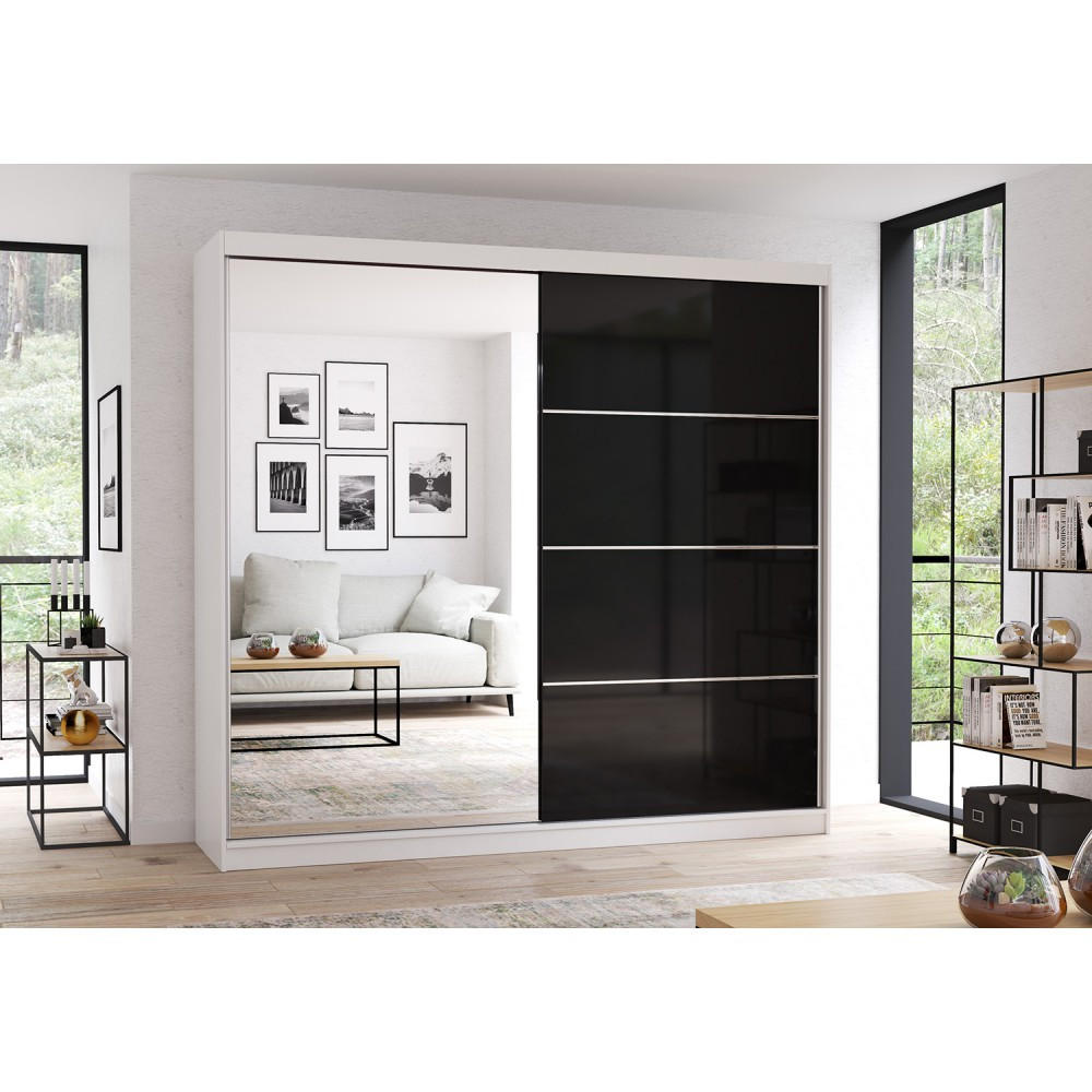 SCHWEBETÜRENSCHRANK Multi 31 Weiß/Schwarz mit Spiegel, ohne LED Beleuchtung 203 cm - Schwarz/Alufarben, Glas/Holzwerkstoff (203/218/61cm) - imoebel24