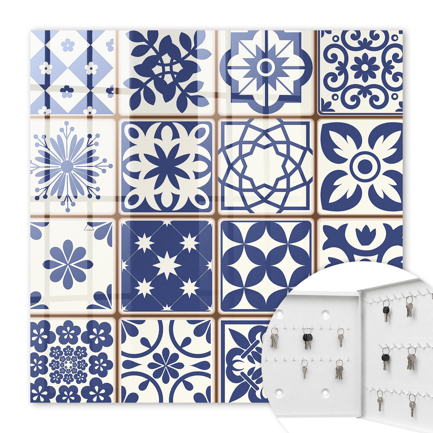 SCHLÜSSELBOX Weiß 30x30 cm – Türöffnung nach rechts - Retro-Mosaik - Blau, Metall (30/30/5cm) - TULUP