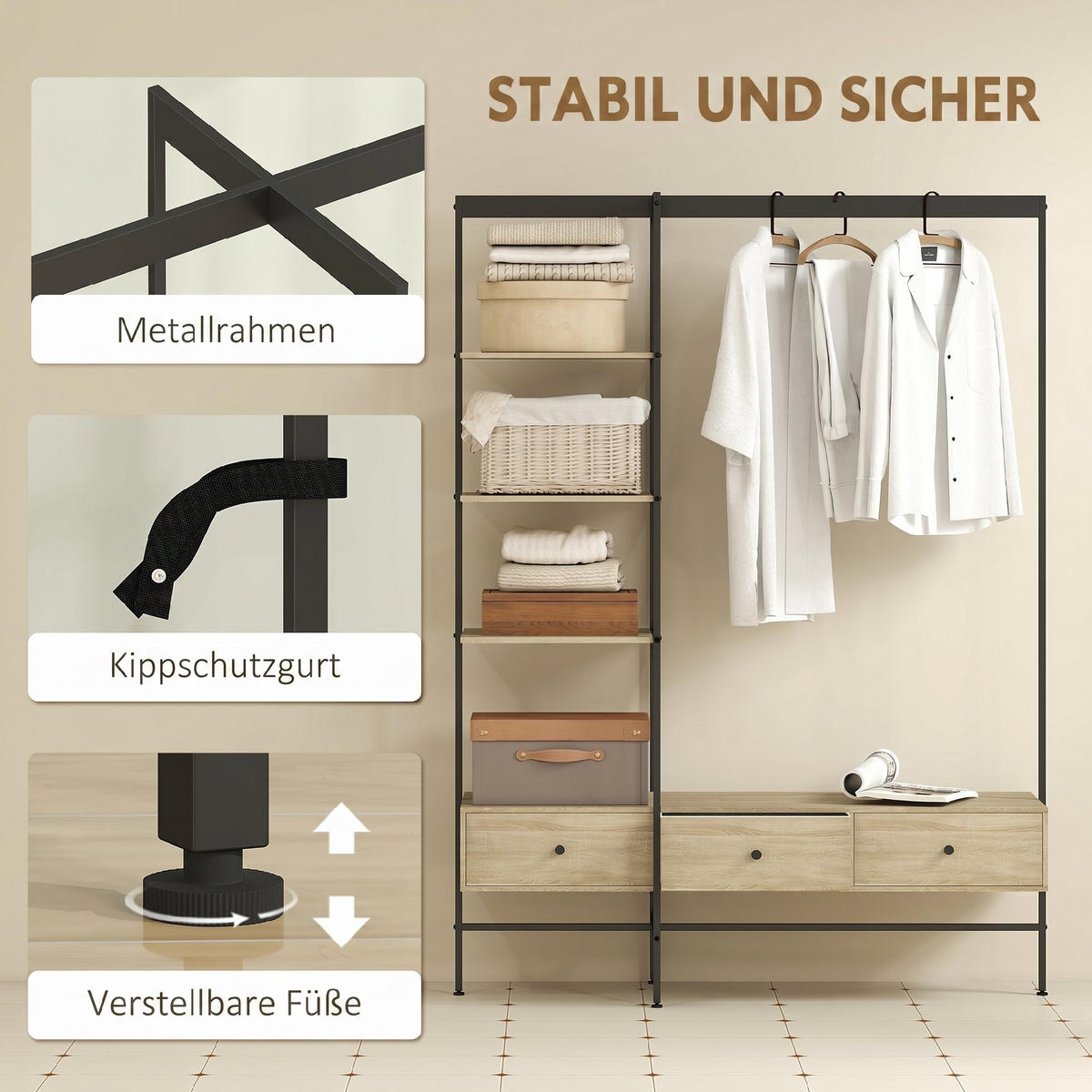 GARDEROBENSTÄNDER Metall Spanplatte Eiche - Eichefarben, Metall (48/180/135cm) - HOMCOM