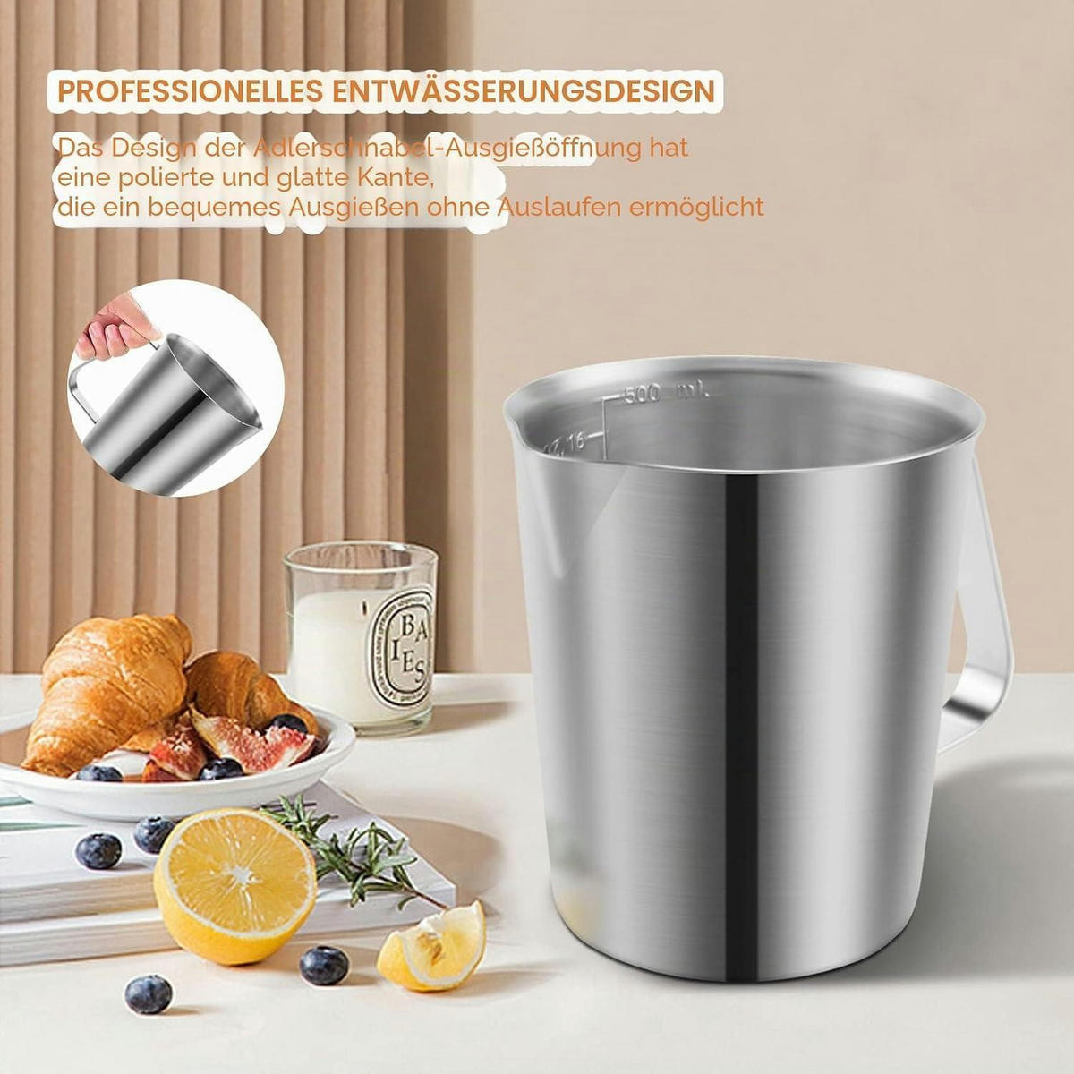 MESSBECHER Edelstahl 500 ml mit Ausgießer - Silberfarben, Metall (0.5L)