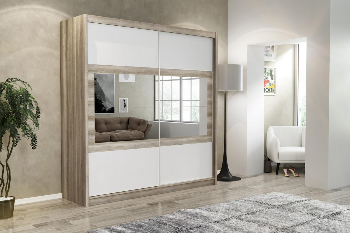 SCHWEBETÜRENSCHRANK POPPY 203/215/61 cm 2-türig mit Spiegel Eichefarben - Eichefarben/Weiß, Holzwerkstoff (203/215/61cm) - MASSENO