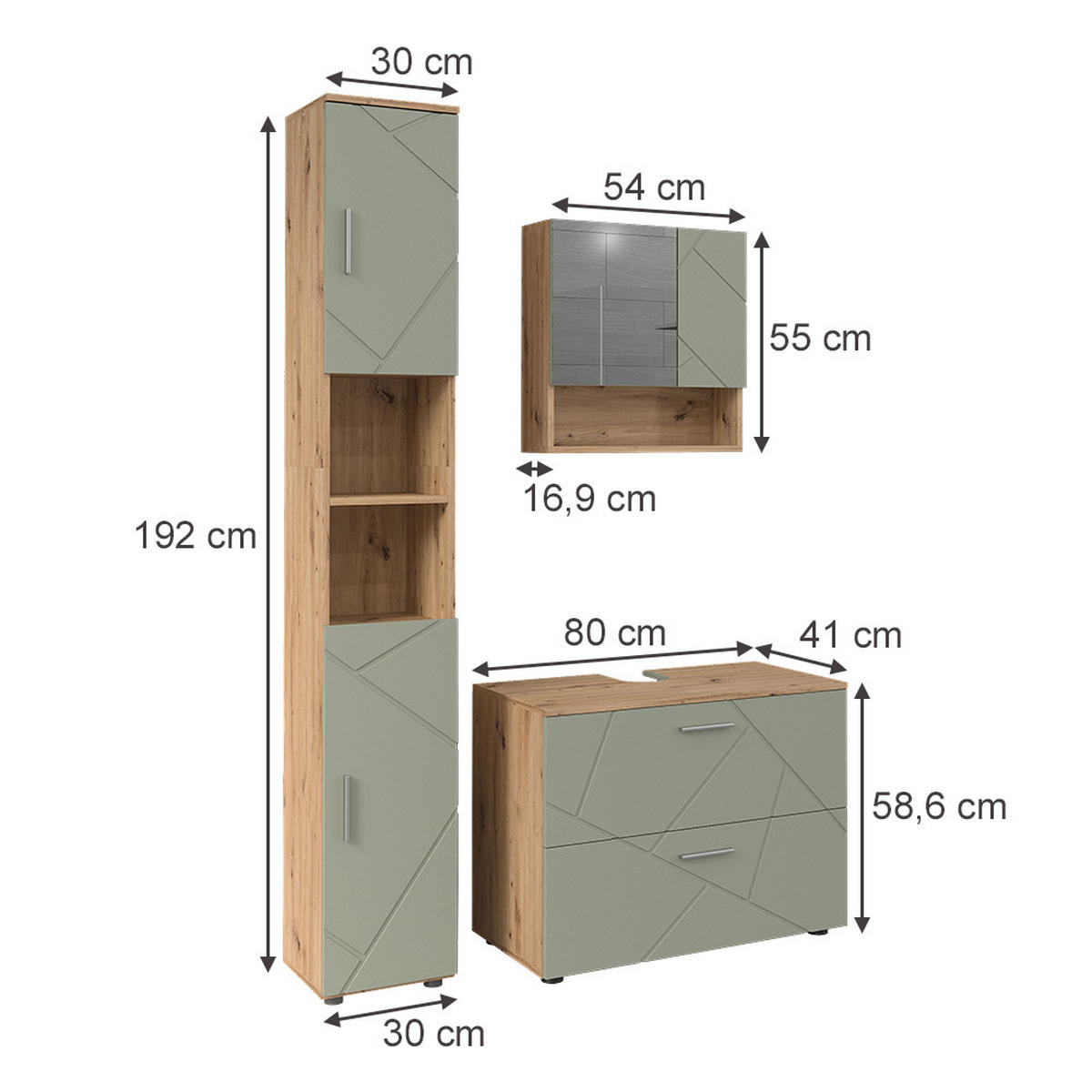 BADMÖBEL-SET Irma Salbeigrün 3 Teile - Salbeigrün, Holzwerkstoff (80/58.6/41cm) - Vicco