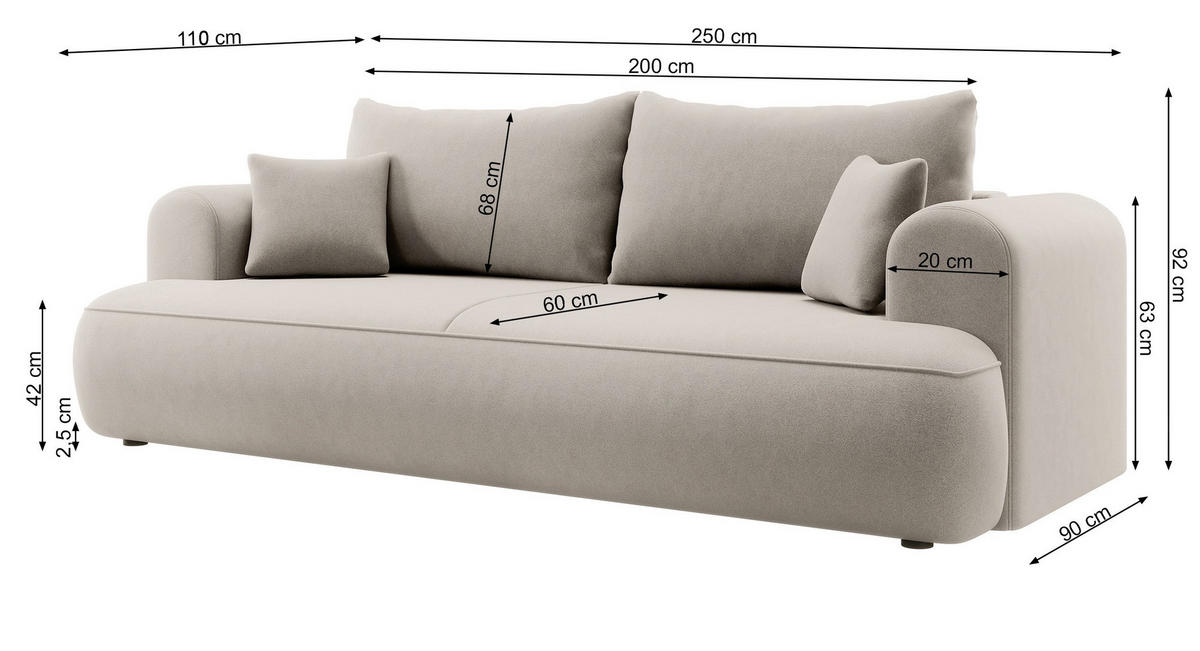 SCHLAFSOFA Ovo Beige 250 cm - Beige/Schwarz, Kunststoff/Textil (250/92/110cm) - Selsey