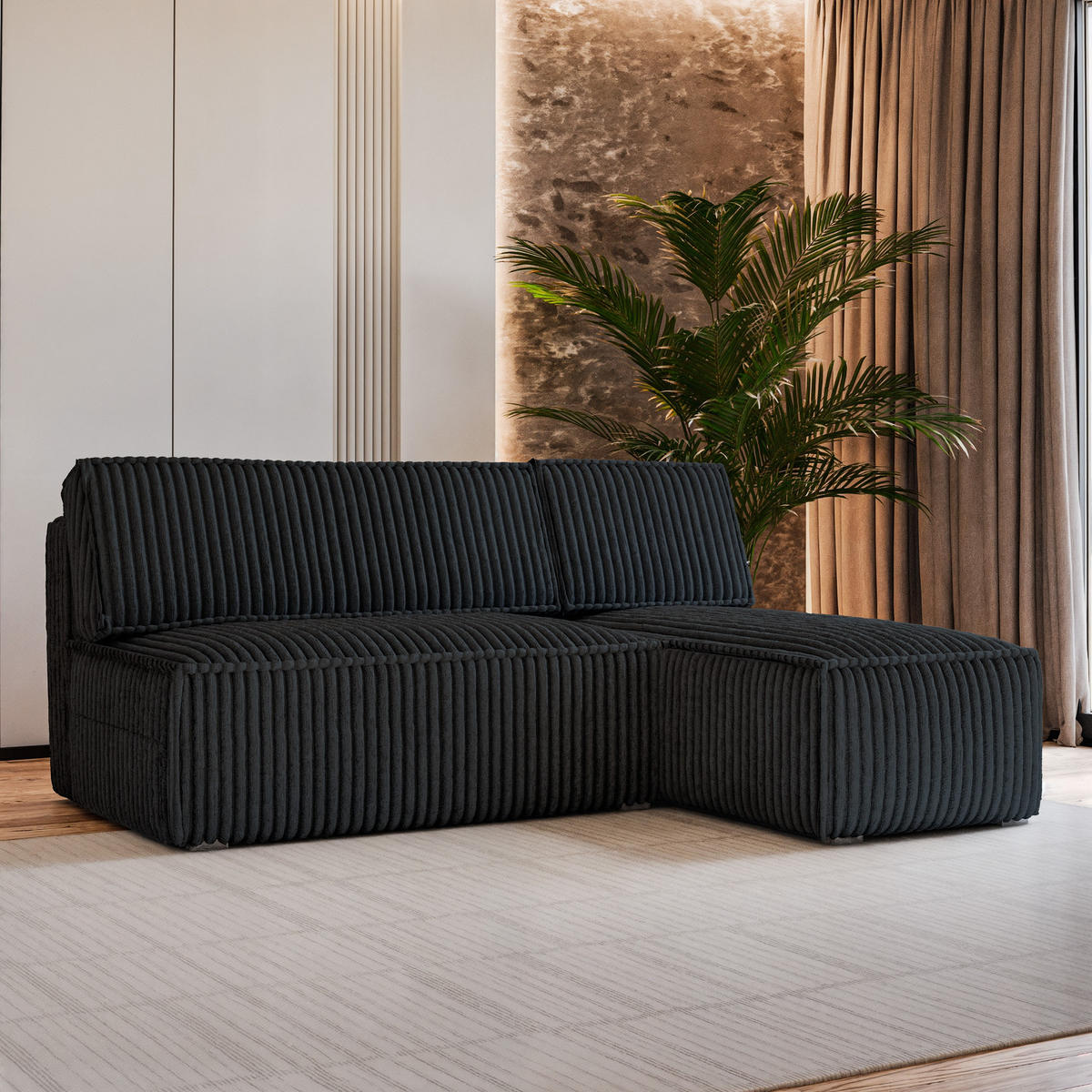 ECKSOFA BRISO T Schwarz Kordstoff mit Schlaffunktion - Schwarz, Holz (200/140cm) - MASSENO