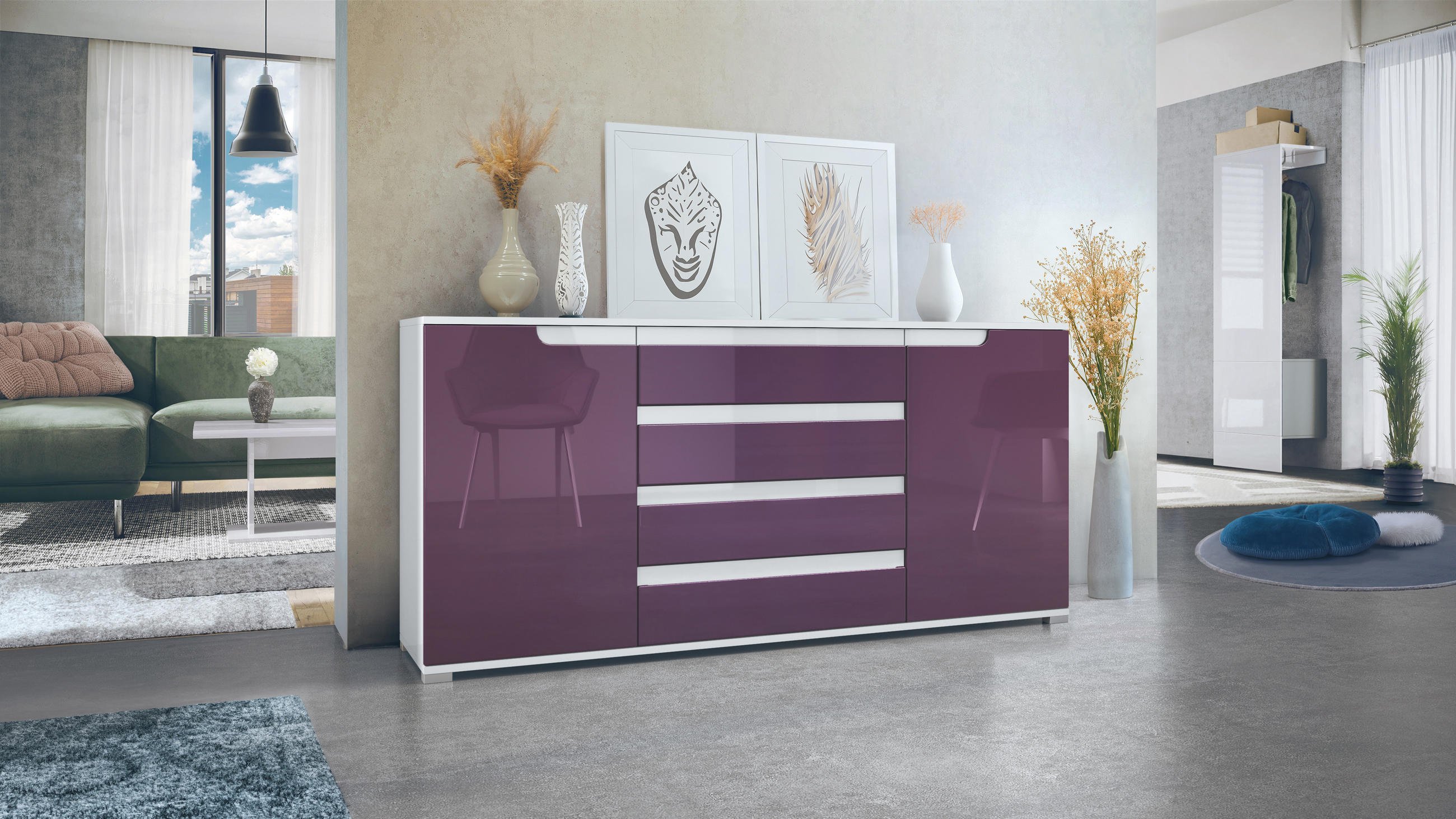 SIDEBOARD Sylt Brombeer Hochglanz / Weiß Hochglanz - Brombeere, Holzwerkstoff (166.5/75.5/35cm) - Vladon