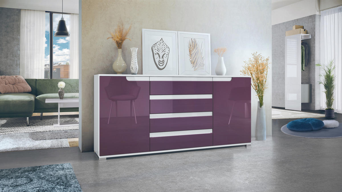 SIDEBOARD Sylt Brombeer Hochglanz / Weiß Hochglanz - Brombeere, Holzwerkstoff (166.5/75.5/35cm) - Vladon