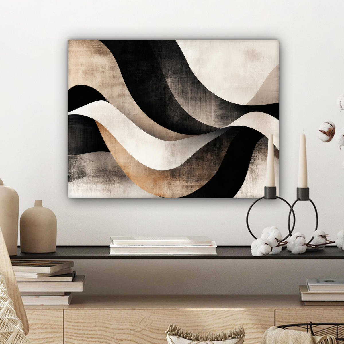 LEINWANDBILD Abstrakt - Wellen - Schwarz - Verwittert Wandbild 40x30 cm - Trüffeleichefarben, Textil (40/30cm) - MuchoWow