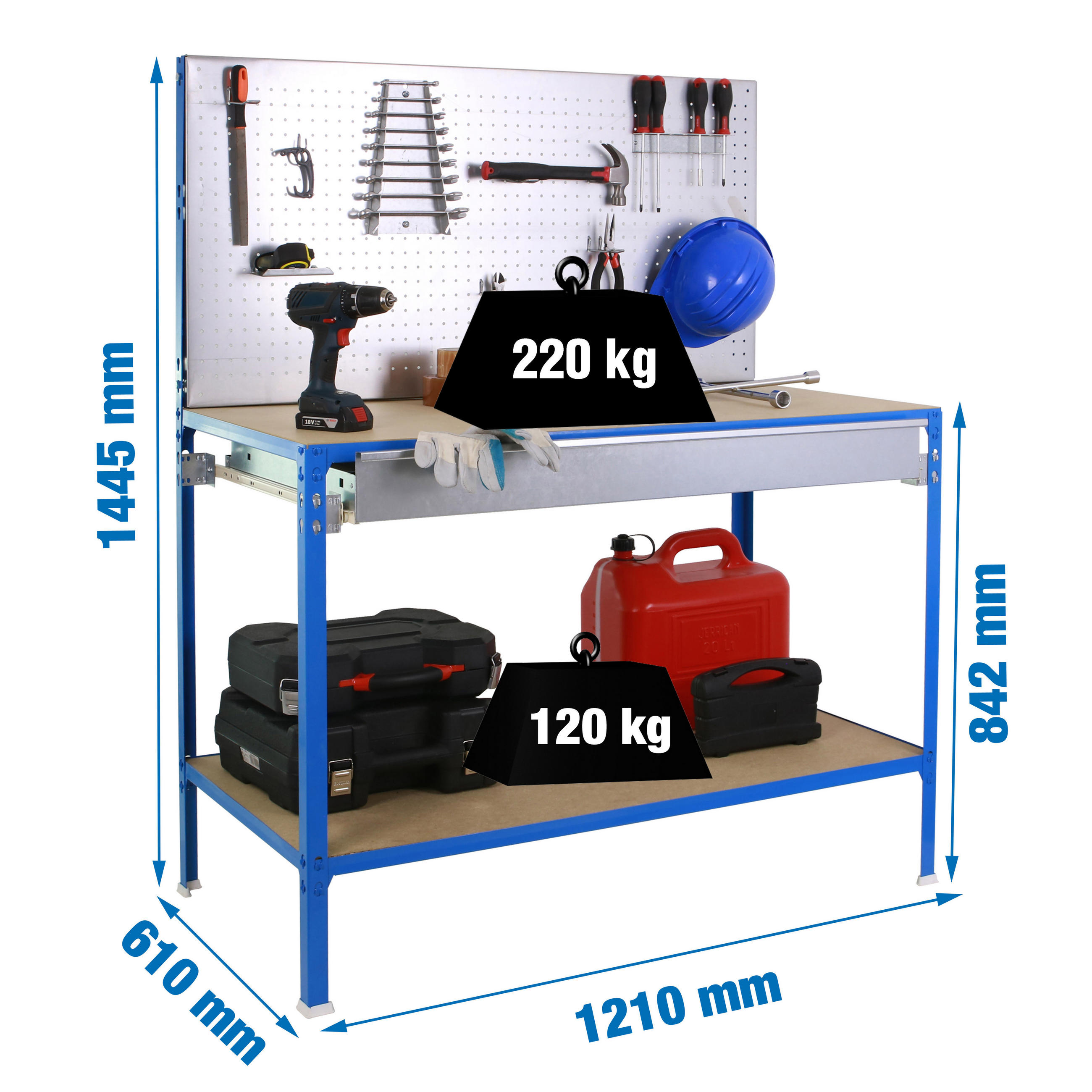 WERKBANK BUFALLO LIGHT mit Lochwand & 2 Ebenen | HxBxT 144,5x120x60cm | Traglast 220kg | Blau/Verzinkt - Blau, Metall (120/144.5/60cm) - PROREGAL