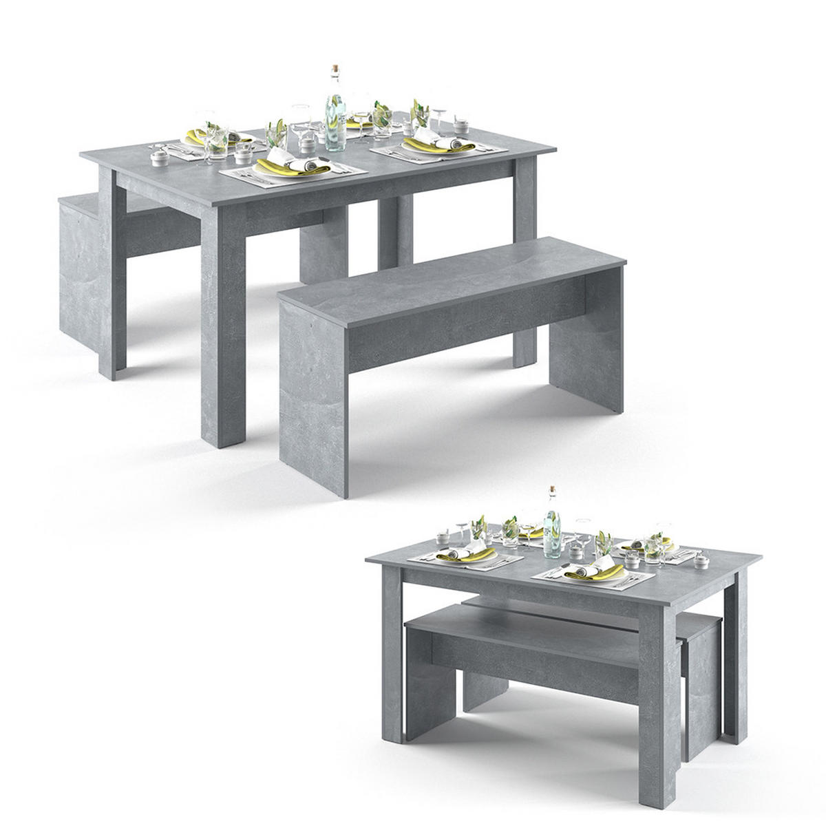 ESSTISCH SET Sentio Beton 90 x 140 cm mit 2 Bänken - Grau, Holzwerkstoff (140/76/90cm) - Vicco