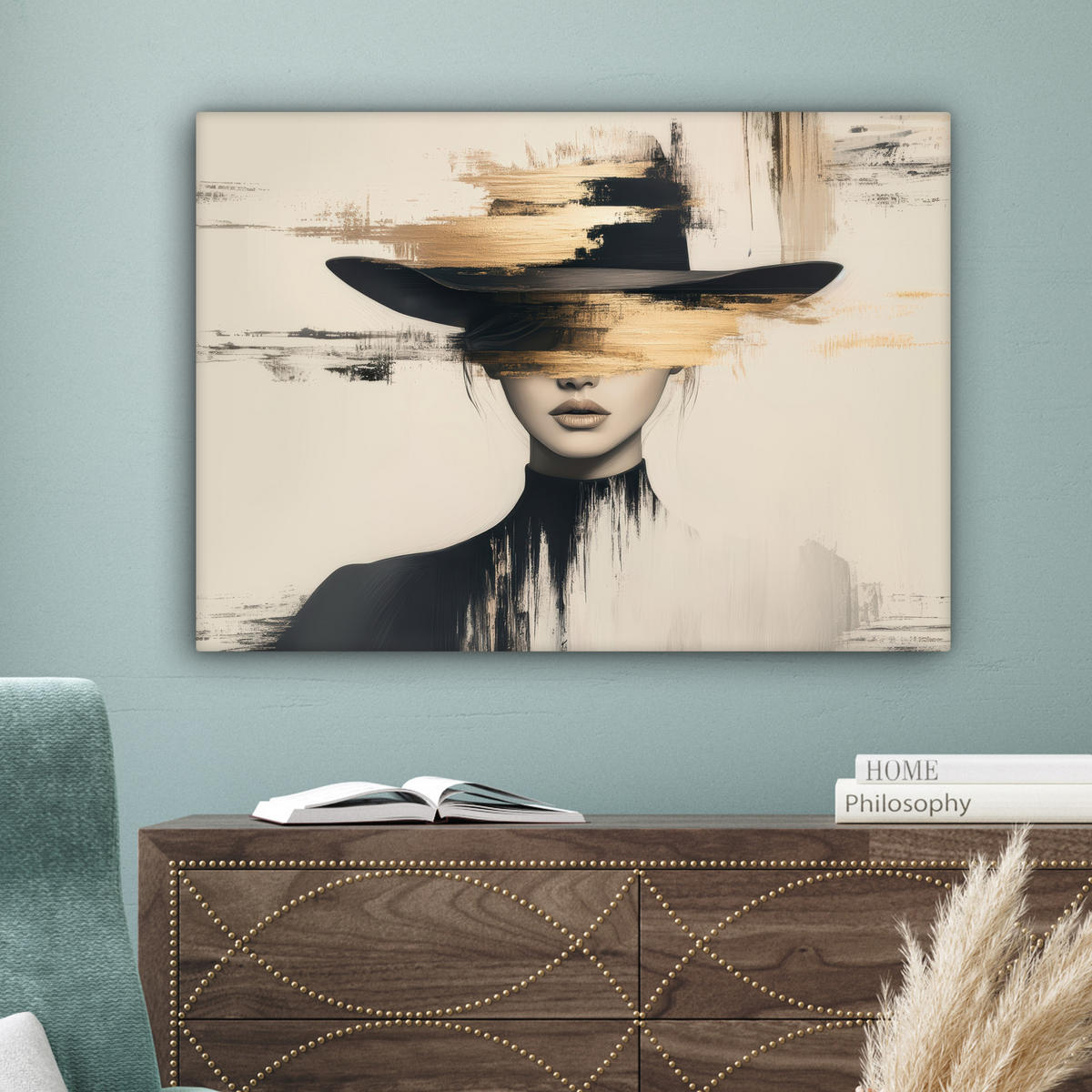 LEINWANDBILD Frau - Hut - Farbe Wandbilder 80x60 cm - Goldfarben, Textil (80/60cm) - MuchoWow