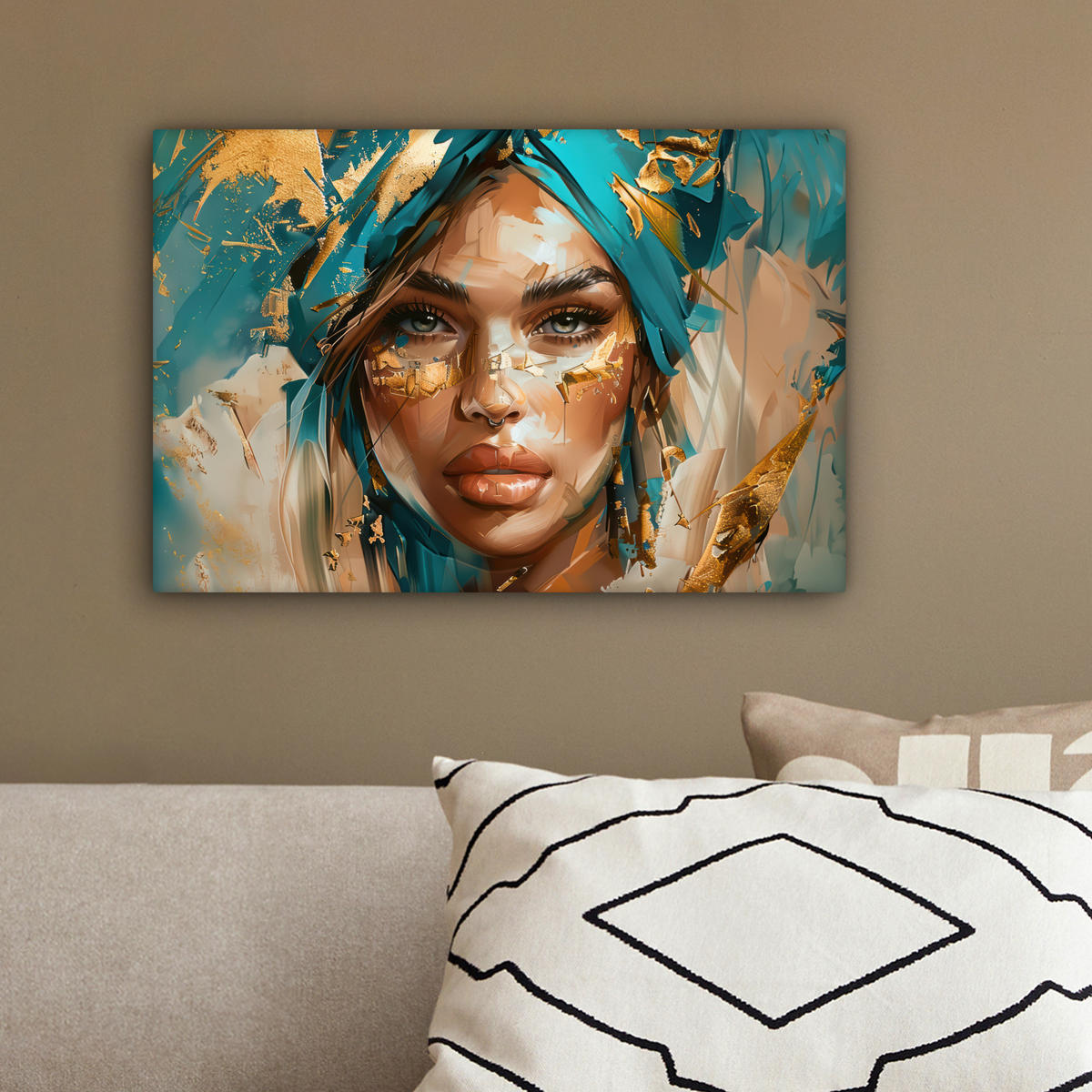 LEINWANDBILD - Frau - Porträt - Gold - Luxus - Blau - 30x20 - Deko XXL - Türkis, Textil (30/20cm) - MuchoWow