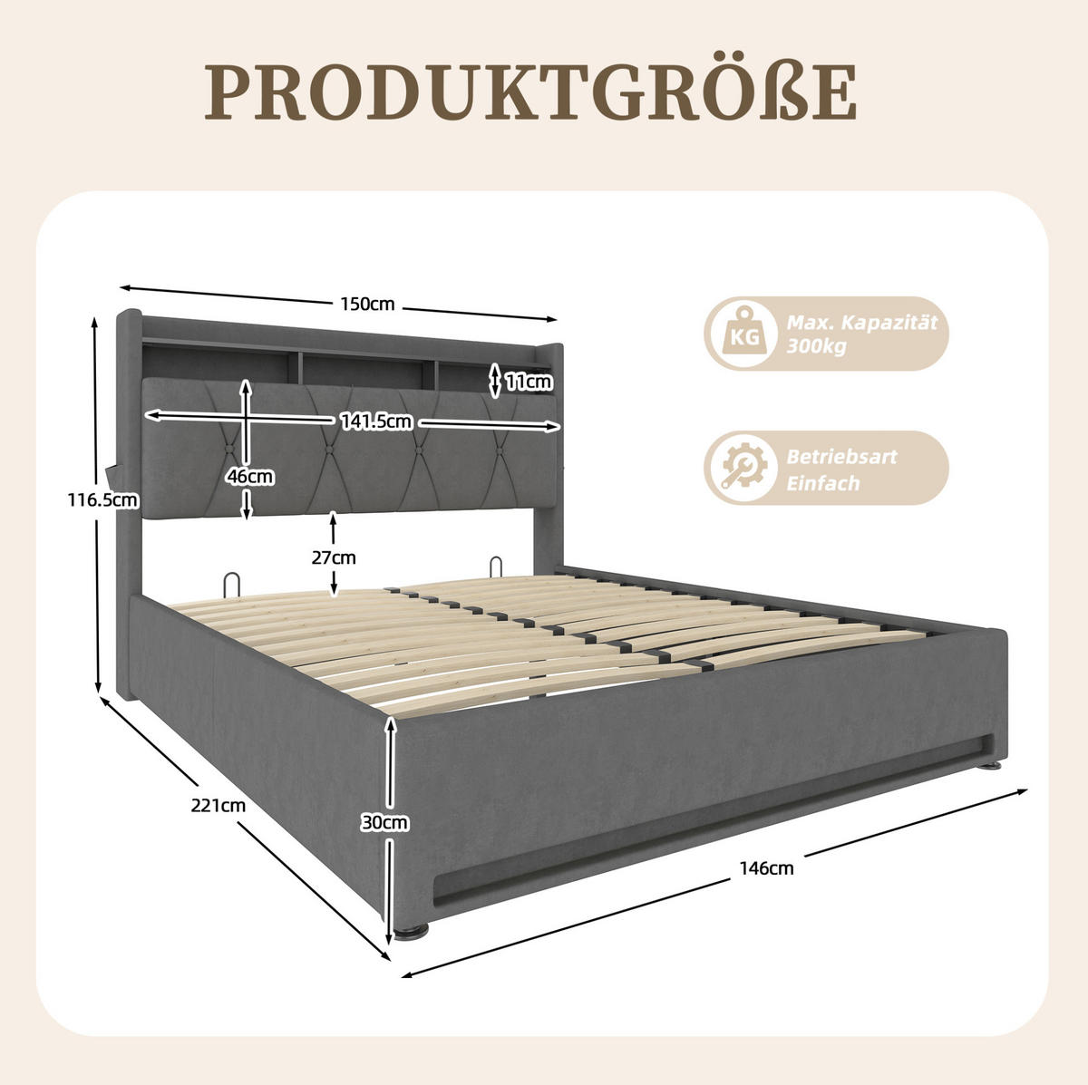 POLSTERBETT 140/200 cm mit LED-Beleuchtung, USB- und Type-C-Anschluss, Stauraum-Kopfteil und Bettkasten, Dunkelgrau - Dunkelgrau, Textil (140/200cm) - Redom