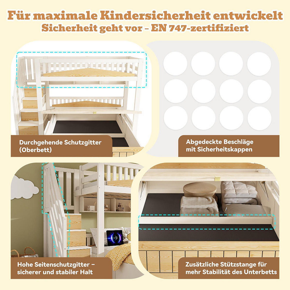 ETAGENBETT 90x200 & 140x200 cm mit hydraulischem Stauraum, Versetztes Familienbett - Naturfarben, Holz