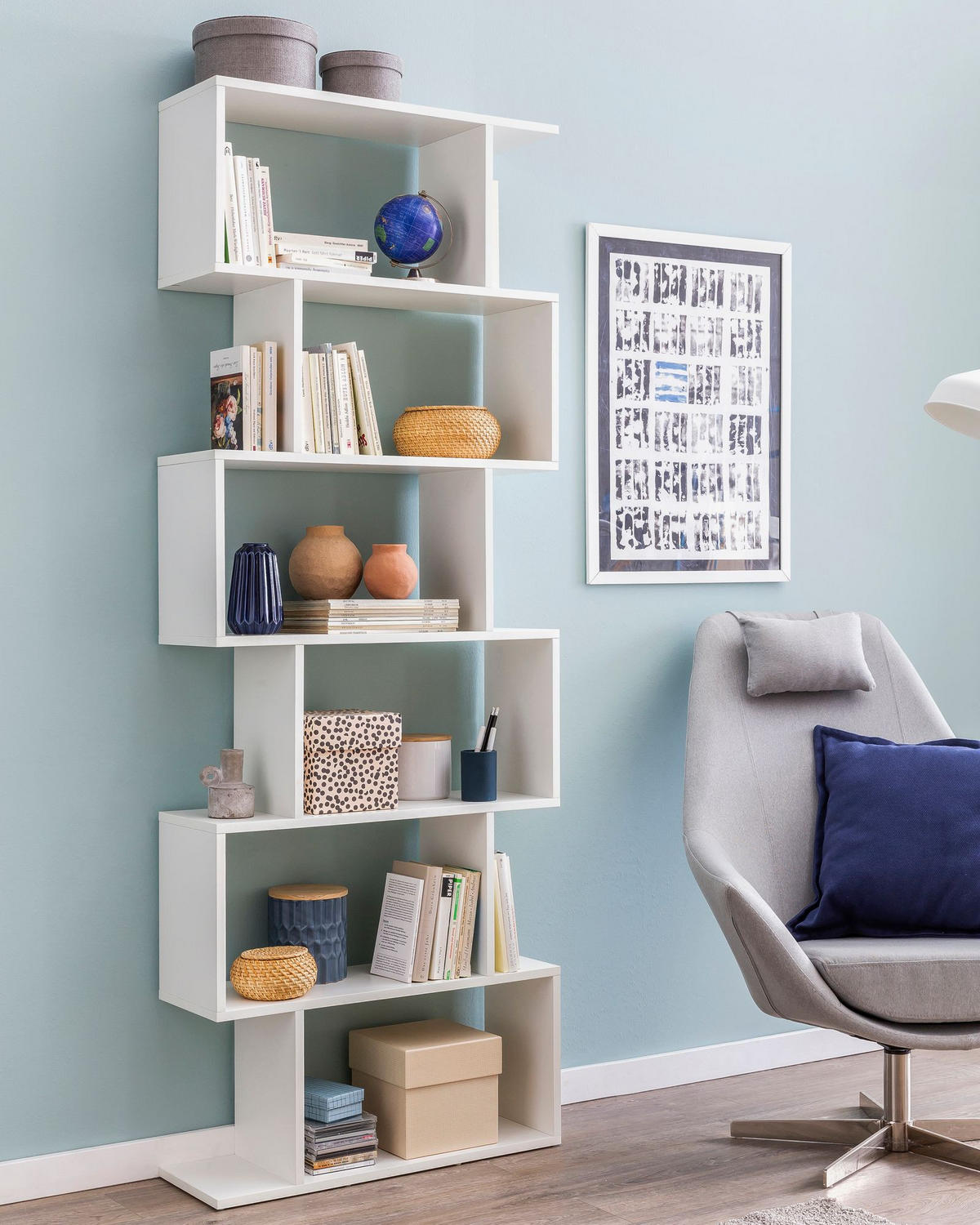 BÜCHERREGAL – Zickzack, Mattweiß, 6 Fächer, Anti-Rutsch-Noppen - Weiß, Holz (70/191/24cm) - KADIMA DESIGN