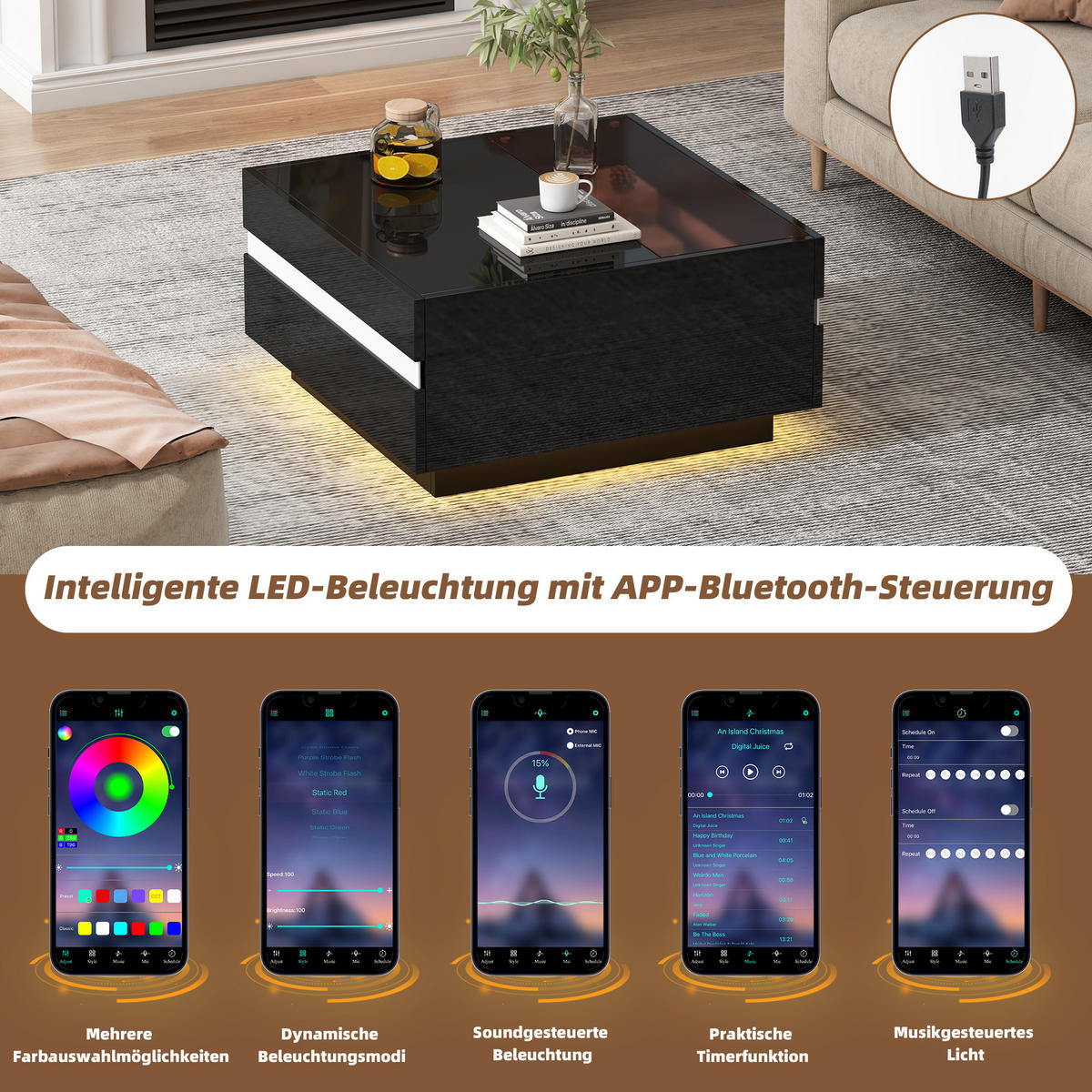 COUCHTISCH 70/70/36 cm schwarz mit 2 Schubladen und LED-Beleuchtung - Schwarz, Holzwerkstoff (70/70/36cm) - OKWISH