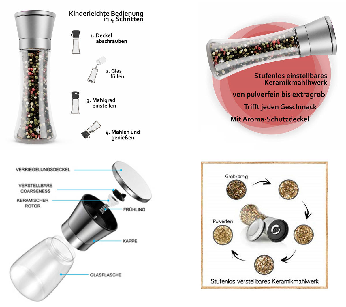 SALZ & PFEFFERMÜHLEN-SET – Trudeau – 2er Pack, Nachfüllbare Salz- & Pfeffermühle, Küchenmühle für Salz, Pfeffer & Gewürze - Transparent, Glas/Metall (23/7/6cm)