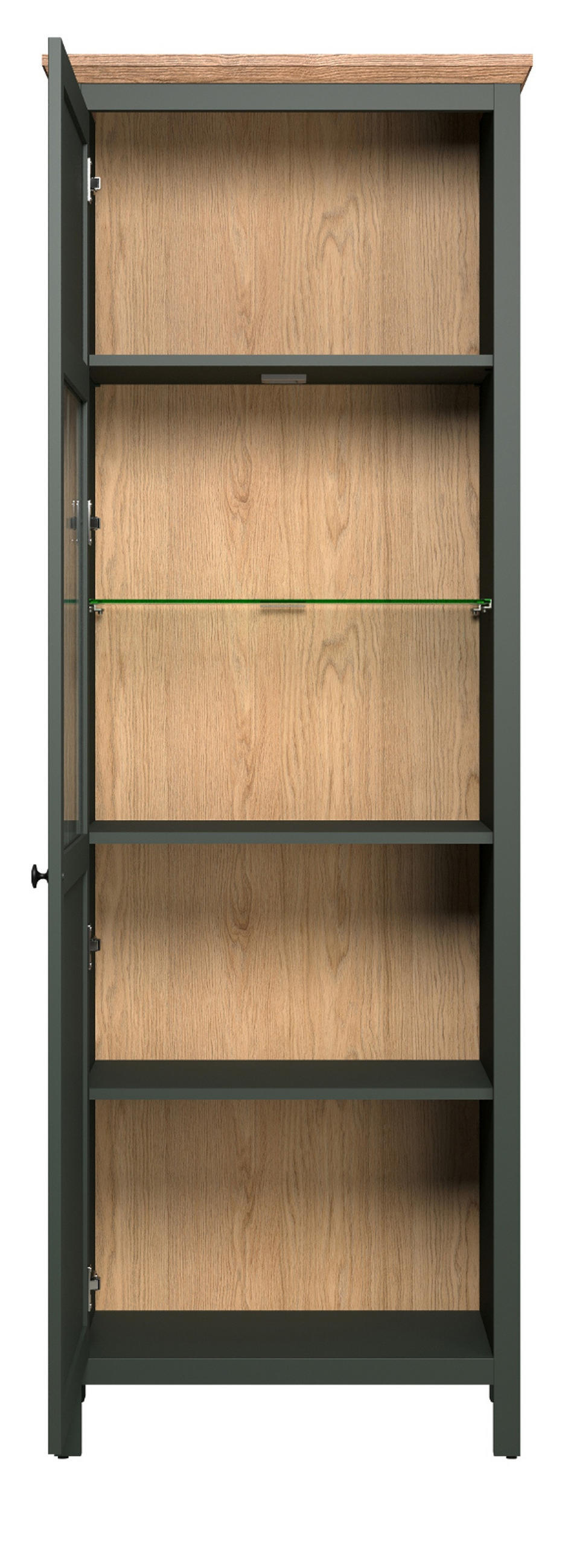 VITRINE grün, Evoke Eiche Landhaus 69 x 198 cm, Vitrinenschrank inklusive LED Beleuchtung - Eichefarben/Schwarz, Glas/Holzwerkstoff (69/198/39cm) - Top.Furn