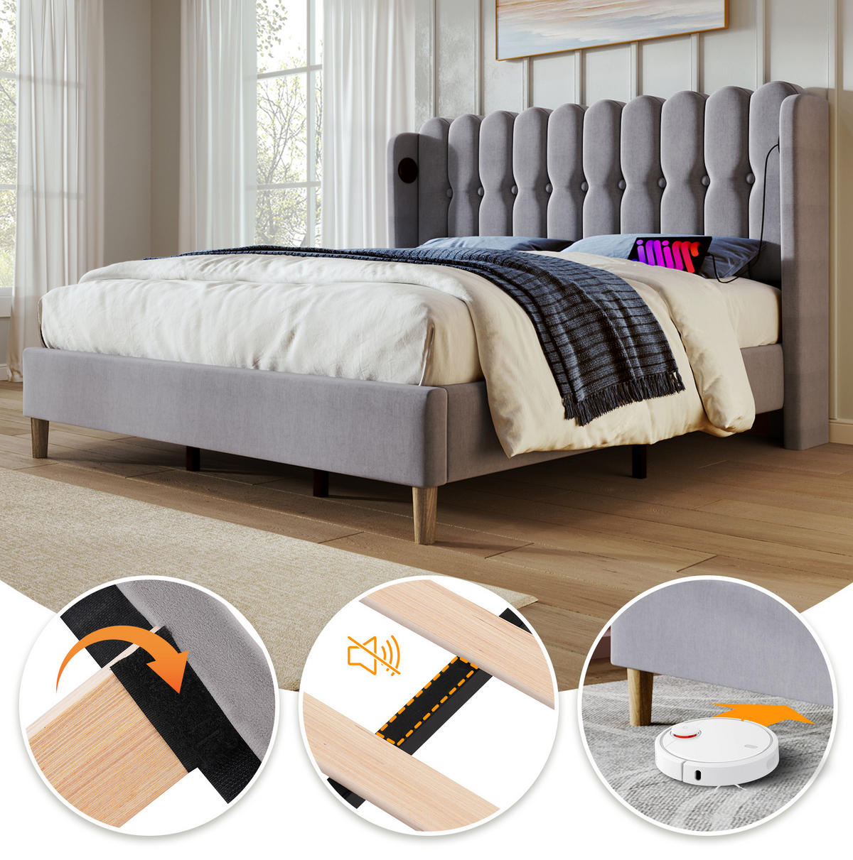 POLSTERBETT 140/200 cm in Grau mit USB- und Type-C-Anschlüssen - Grau, Textil (140/200cm) - Flora Grace