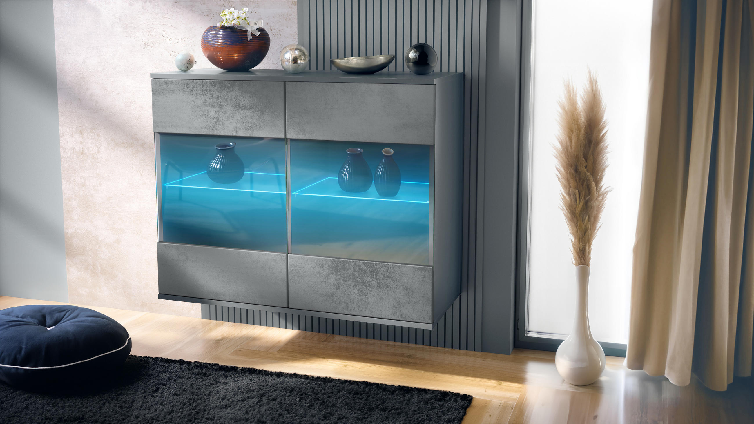 KOMMODE Bari Beton Dunkel Optik - Dunkelgrau, Holzwerkstoff (92.5/73.5/35cm) - Vladon