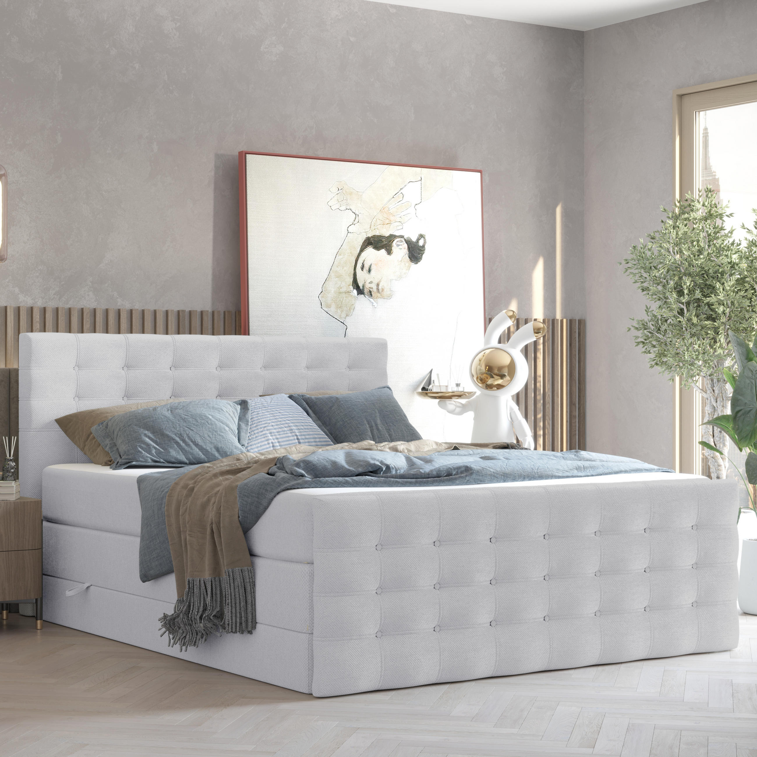 Thumbnail - Maison de Reve Boxspringbett, Grau, Textil, Buche, Kiefer, H2, Höhe ca. 40 cm, 200x200 cm, Oeko-Tex® Standard 100, FSC 1...