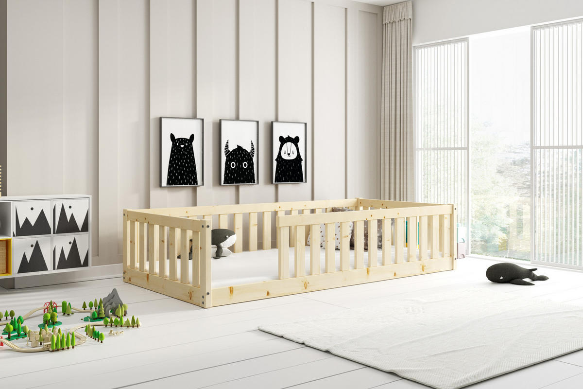 INTERBEDS Montessori Kinderbett BELLA 90x190 cm aus massivem Kiefernholz mit Rausfallschutz – Bodenbett FSC - Naturfarben, Holz (90/190cm) - Interbeds