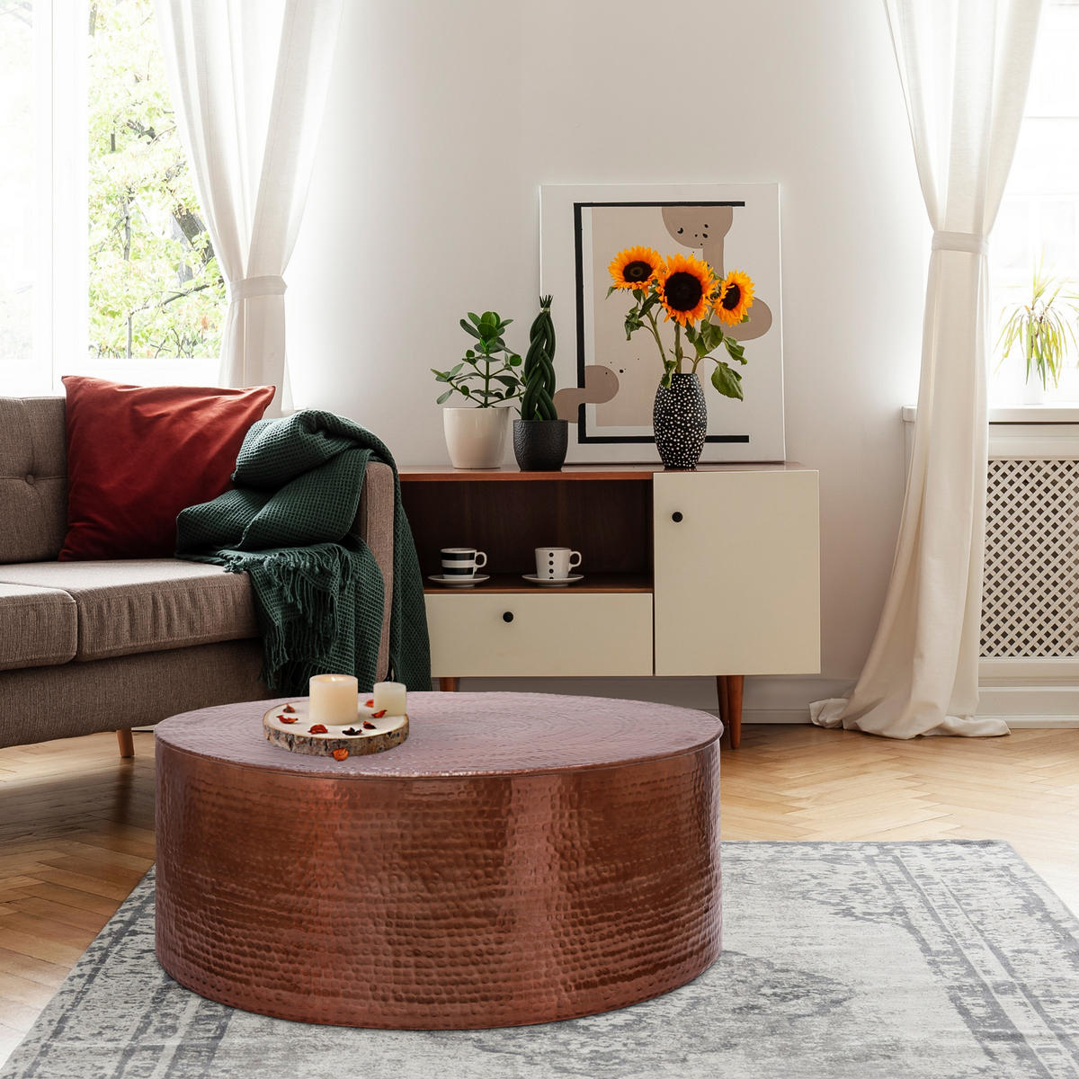 COUCHTISCH rund Ø90x37 cm Kupfer aus Aluminium Hammerschlag Design - Kupferfarben, Metall (90/90/37cm) - WOMO-DESIGN