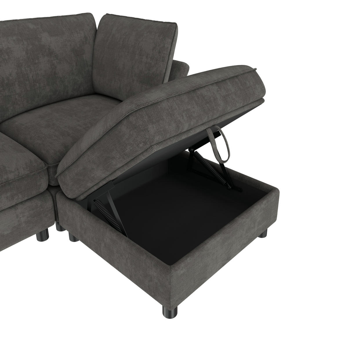 KUTNA SOFA s 4 sjedala u sivoj boji s tabureom sa spremnikom, od šenila - siva/crna, drvni materijal/tekstil (225/137cm) - CHICFURN