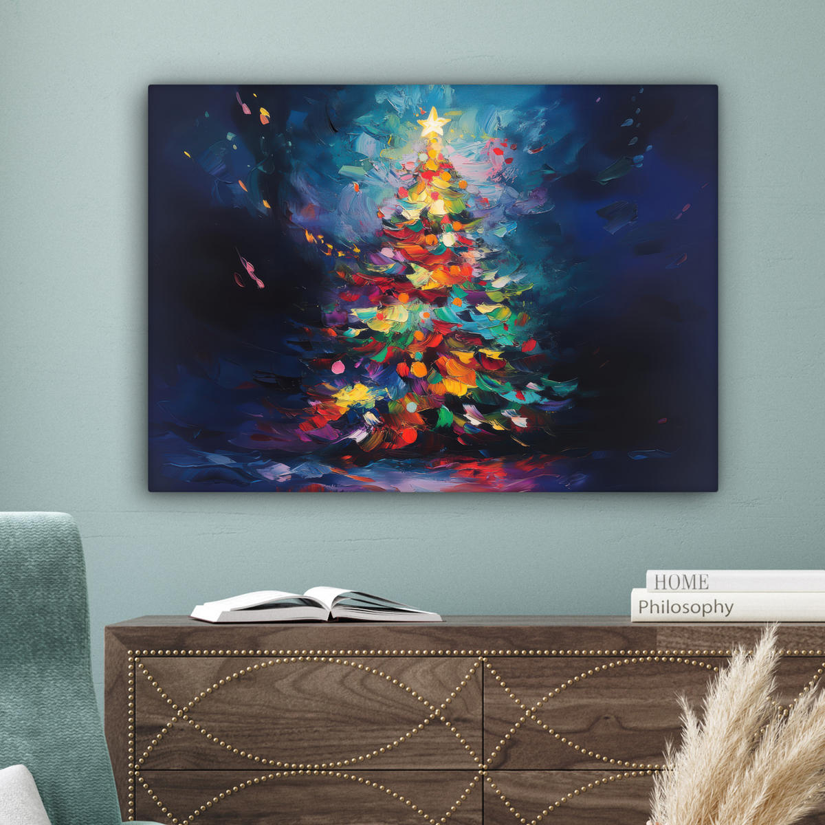 LEINWANDBILD Weihnachtsbaum - Weihnachten - Abstrakt - Farbenfroh Wandbilder 80x60 cm - Multicolor, Textil (80/60cm) - MuchoWow