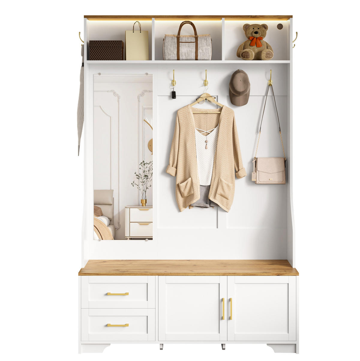 GARDEROBENSCHRANK 120/40/187 cm aus MDF mit LED-Beleuchtung und Spiegel Weiß/Holzfarben - Weiß, Holzwerkstoff (40/187/120cm) - Modenvie
